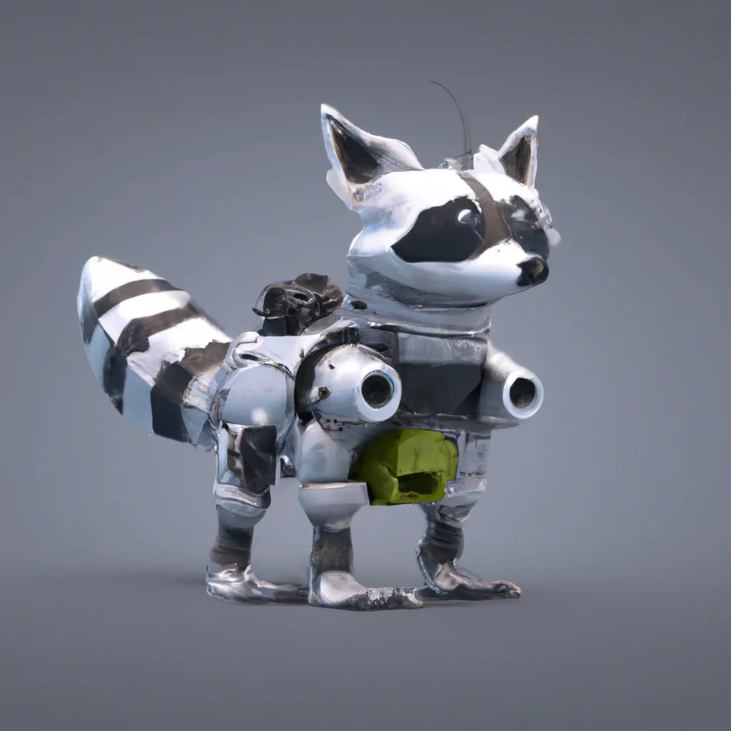 Prompt: 3d render of a raccoon robot, weaponized, unreal engine 5
