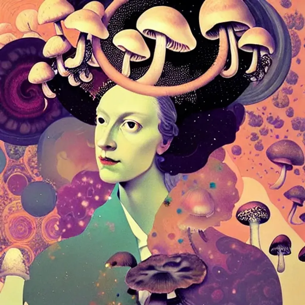 Prompt: Rococo portrait by Ryan Hewett, Karel Thole, Beautiful woman with mushrooms growing out of her hair, mushroom wings, victo ngai, hq, fungi, celestial, moon, galaxy, stars 