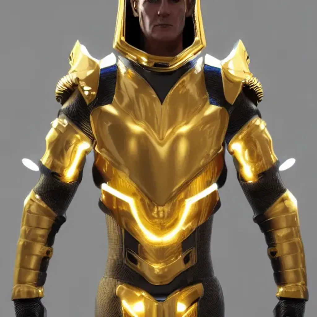 Prompt: Male Avatar wearing futuristic black and gold armor with gold trim, Steampunk Tech, Yellow and Blue Hypereactor lighting, cinematic lighting, fashion fashion, hyperrealism, octane render, trending on artstation, Beam nightmare, Roger Moore 