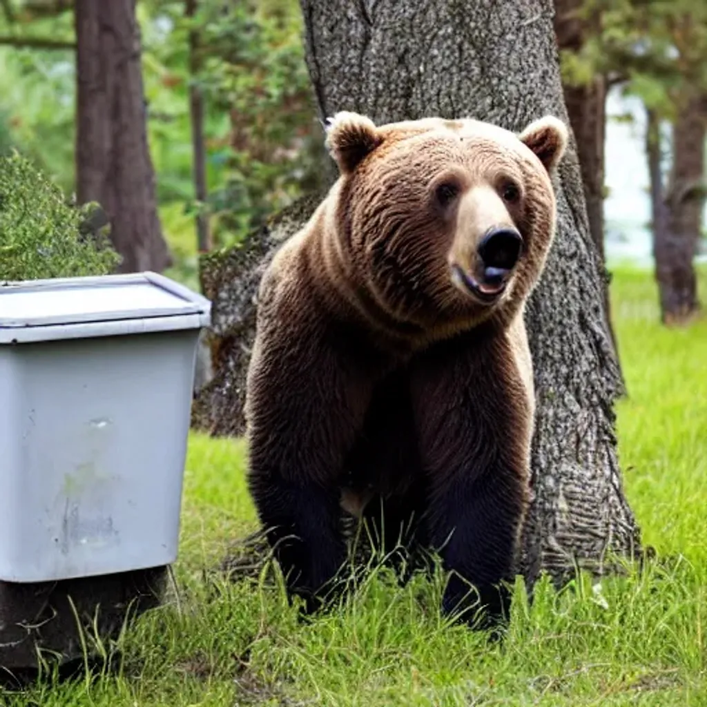 Prompt: a bear eating trash from the tree, 4k realistic, 4k quality, hd quality