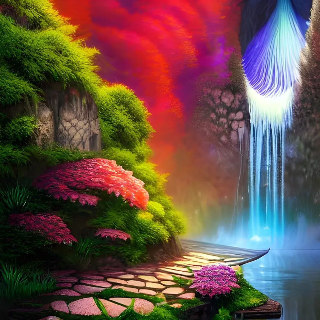 Prompt: A waterfall with colorful flowers, and a sinister hut on middle, centered, symmetry, painted, intricate, volumetric lighting, beautiful, rich deep colors masterpiece, sharp focus, ultra detailed, in the style of dan mumford and marc simonetti, astrophotography