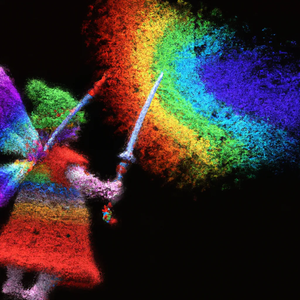 Prompt: an angel archer shooting for the stars, mad 4D render of mandelbrot set made of burning knitted rainbows