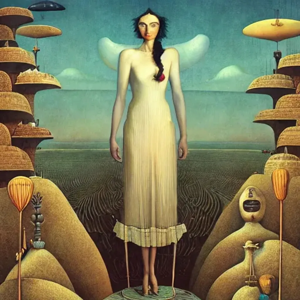 Prompt: Ozymandias Peruvian arpillera Oxana dobrovolska victo ngai henry rousseau Vladimir kush peregrine heathcoate catrin welz-stein Andrea kurti Andrea kowch 