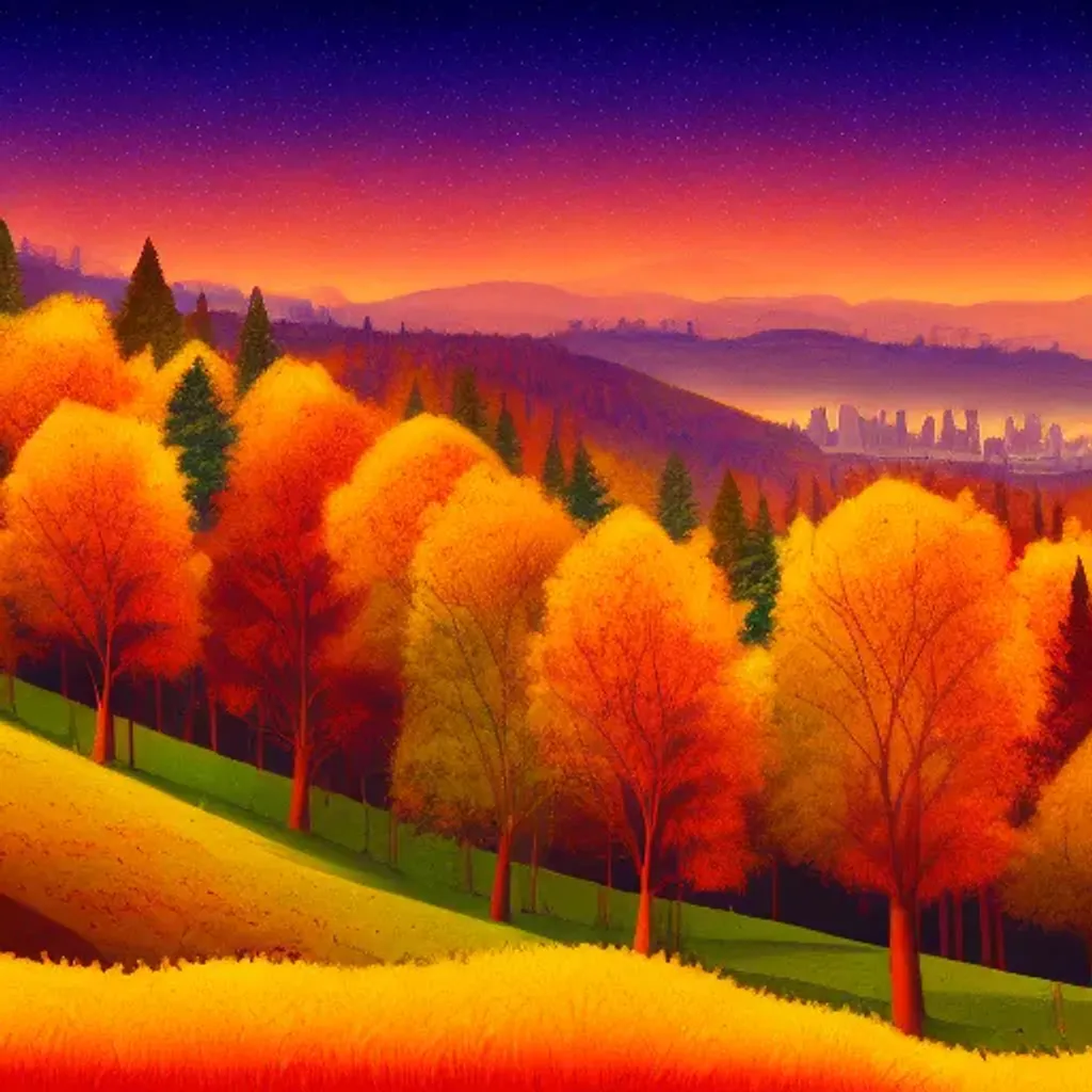 Prompt: hills covered in trees with autumn colors, soft light, at night with city in the distance, illustration