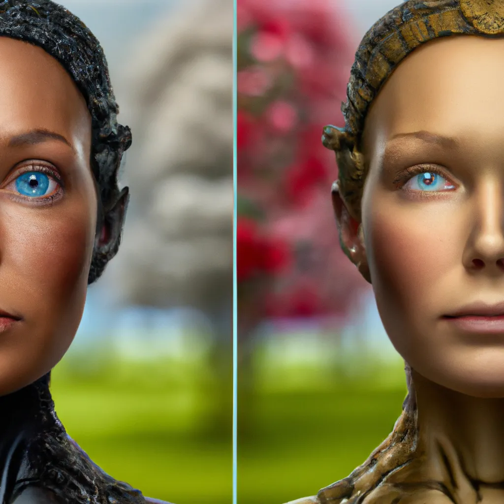 Prompt: photo realistic, movie poster, dramatic poses of AI robots vs plain old human, like good vs Evil, gorgeous symmetric faces, fine-arts photography, award-winning photo, by Martin Schoeller 8k high definition dramatic poses bokeh futuristic cities and permaculture garden