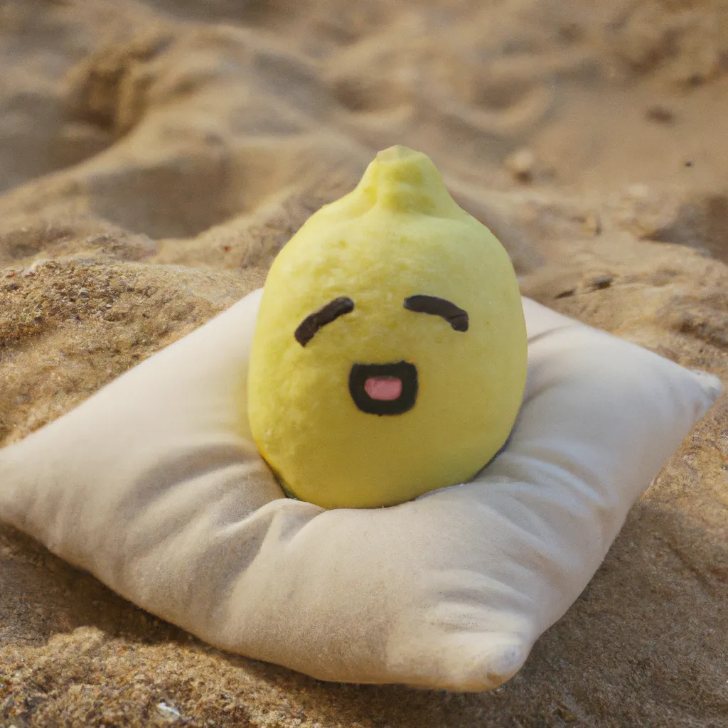 Prompt: a cute hyperrealistic stuffed lemon pillow sitting in the sand