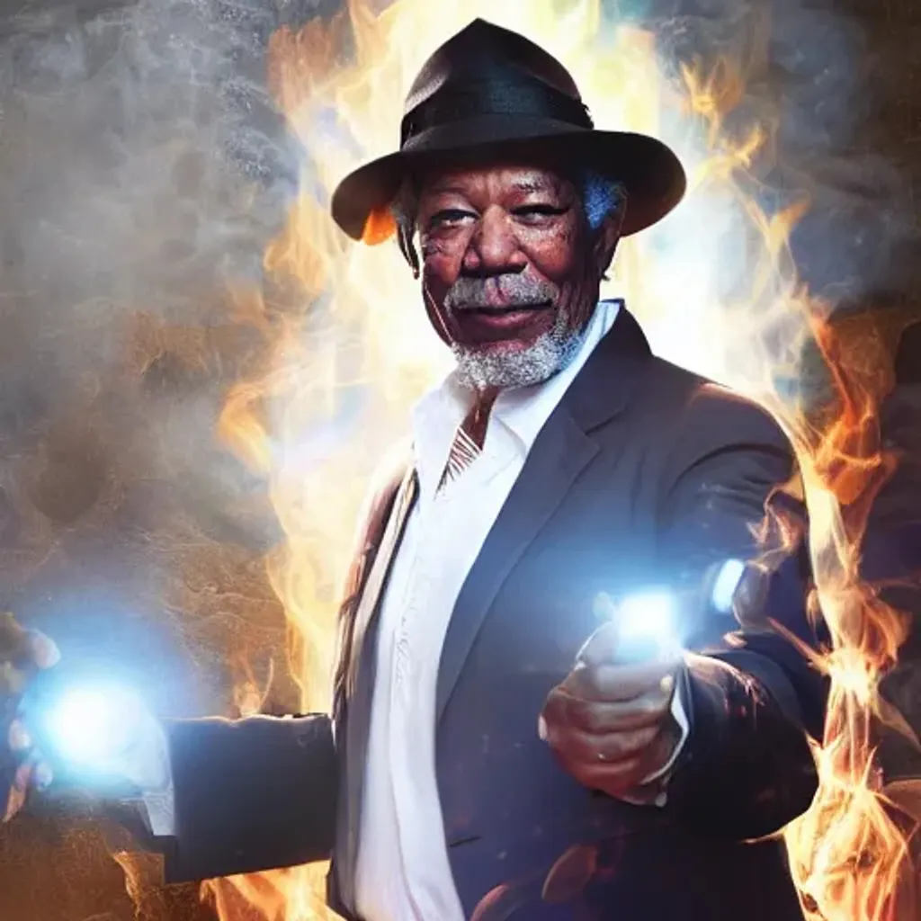 Prompt: Morgan Freeman as a white magician, angry, fire, 4K, 8K, High Resolution