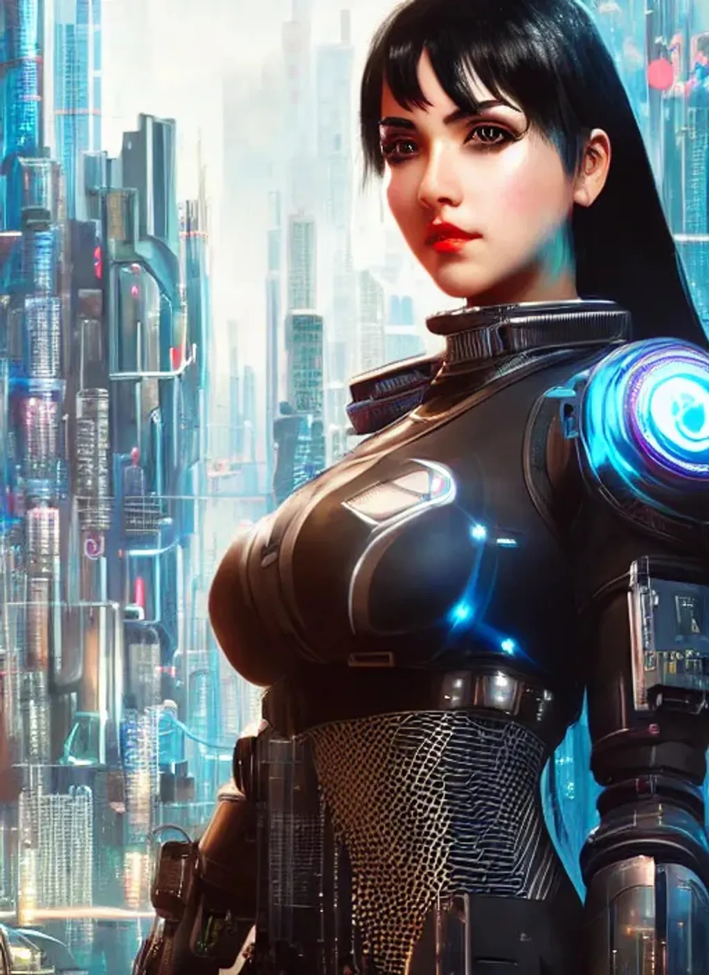 Prompt: Portrait of a plastic cyborg girl with black hair and a cute face, cyberpunk cityscape background, perfect composition, hyperrealistic, super detailed, 8k, high quality, trending art, trending on artstation, sharp focus, studio photo, intricate details, highly detailed, by Greg Rutkowski