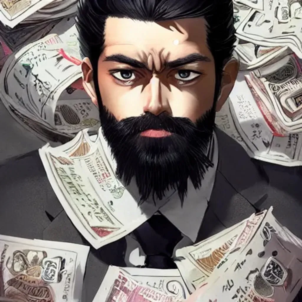 Prompt: Portrait of a man With Big Dreamy Black eyes, anime wide eyes, Beautiful Smooth Skin, Black Suit, beautiful Intricate Beard, Symmetrical, Soft Lighting  detailed face, by leiji matsumoto, stanley artgerm lau, wlop, rossdraws, concept art, digital painting, looking into camera while sitting on Bags of Money 