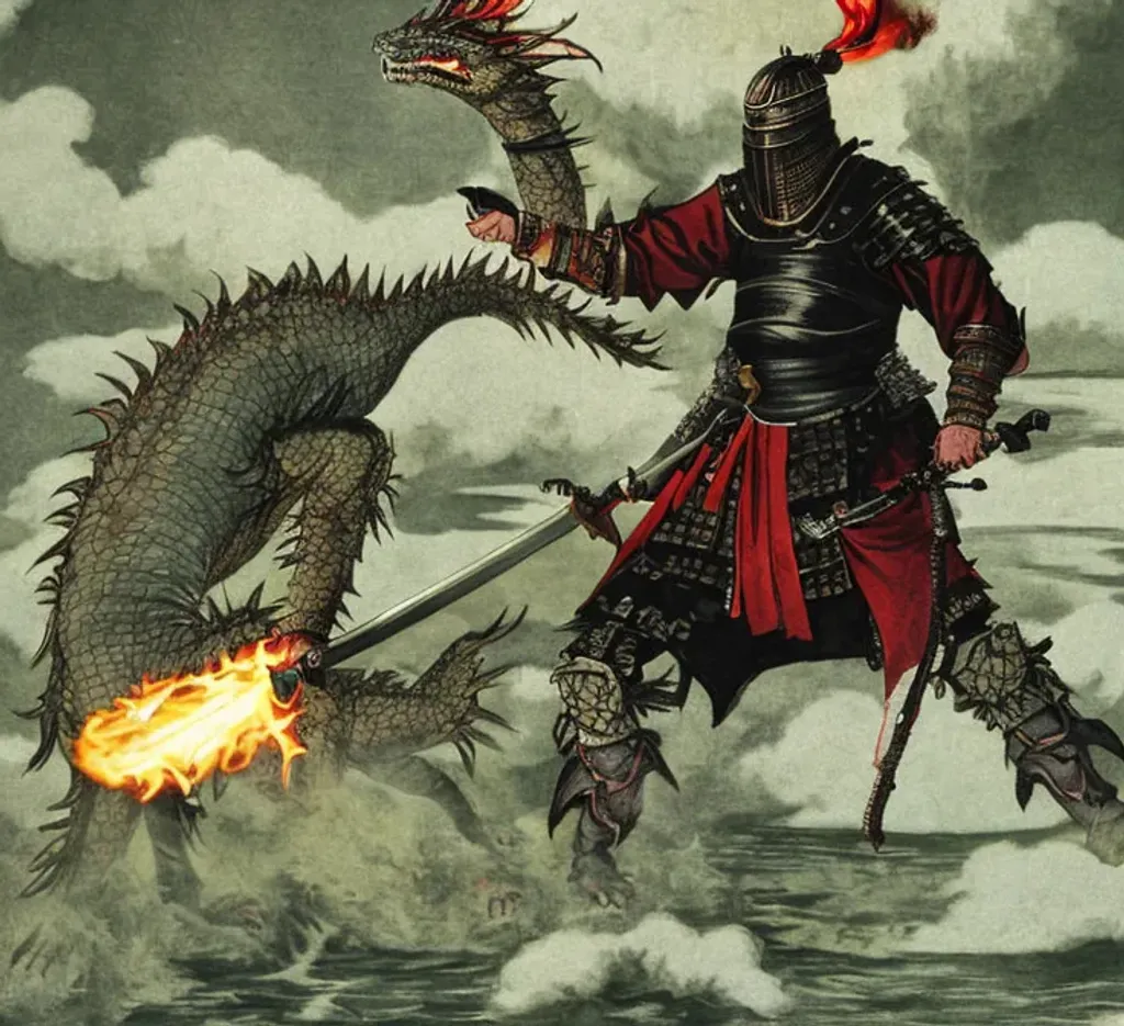 Prompt: samurai with fire sword killing Giant water dragon