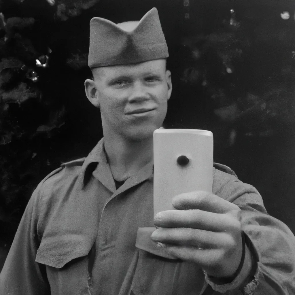 Prompt: grayscale photograph of a solider from world war 2 taking a selfie 