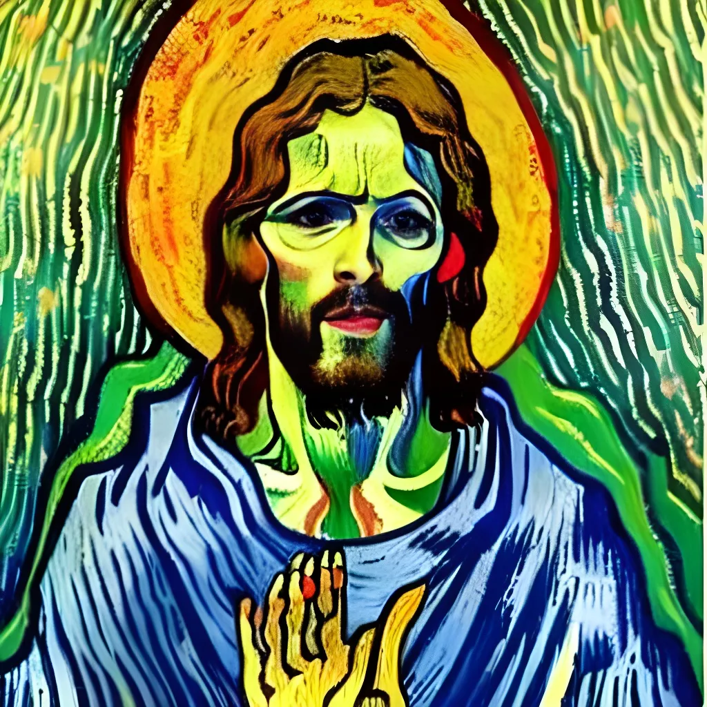 Prompt: From Far away we see Jesus Christ standing at the entrance to his tomb Jesus Christ photo realistic full body painting laughing Jesus Christ resurrected, laughing his head off at the entrance to his tomb in funeral clothes, Extra-Super-Detailed Tempura Thick Ultra  Impasto Oil painting by Vincent Van Gogh
