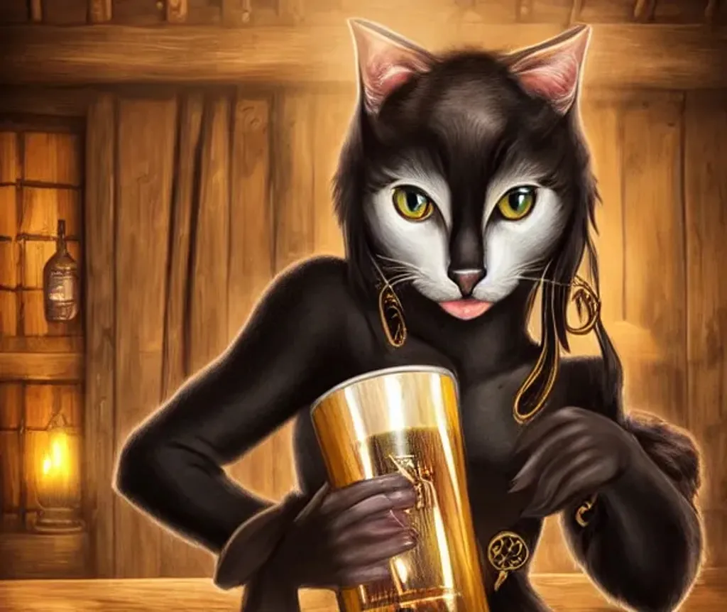 Prompt: A female black catfolk holding a tankard of ale. Background is a tavern bar. fantasy artwork, realistic shaded, fine details, Artgerm, ultrarealistic HDR, highly detailed. Fine facial features. Ultra realistic face. bright eyes, soft smile. D&D. smooth. sharp focus. Intricate. Magical, Fantasy, elegant, concept art.