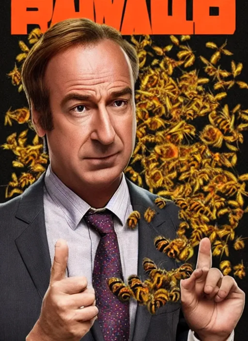 Prompt: A movie poster of Saul Goodman getting attacked by wasps