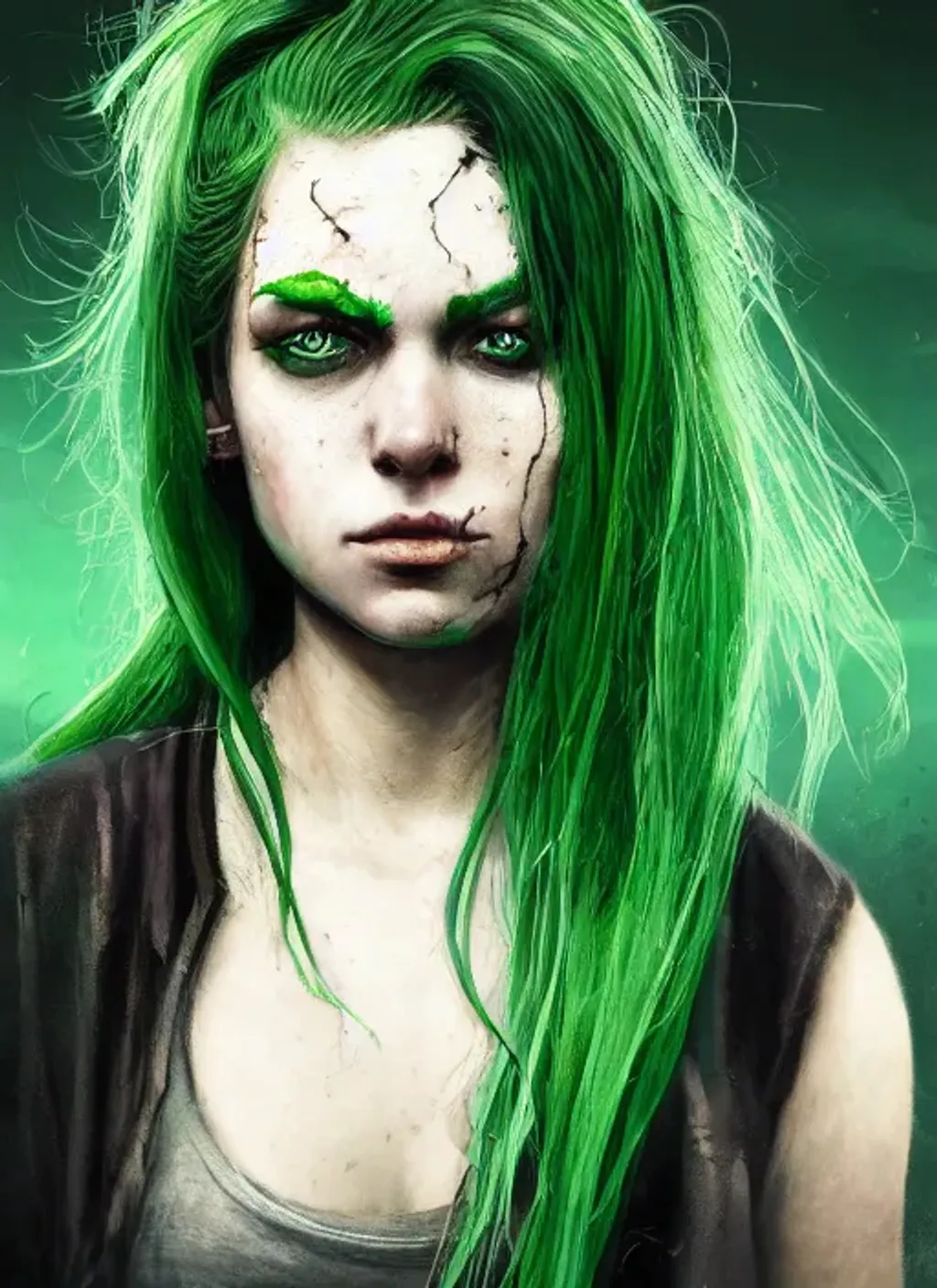 Prompt: Portrait of {a hacker} with {green} hair and with scarred face, {city}, perfect composition, hyperrealistic, super detailed, 8k, high quality, trending art, trending on artstation, sharp focus, studio photo, intricate details, highly detailed, by greg rutkowski