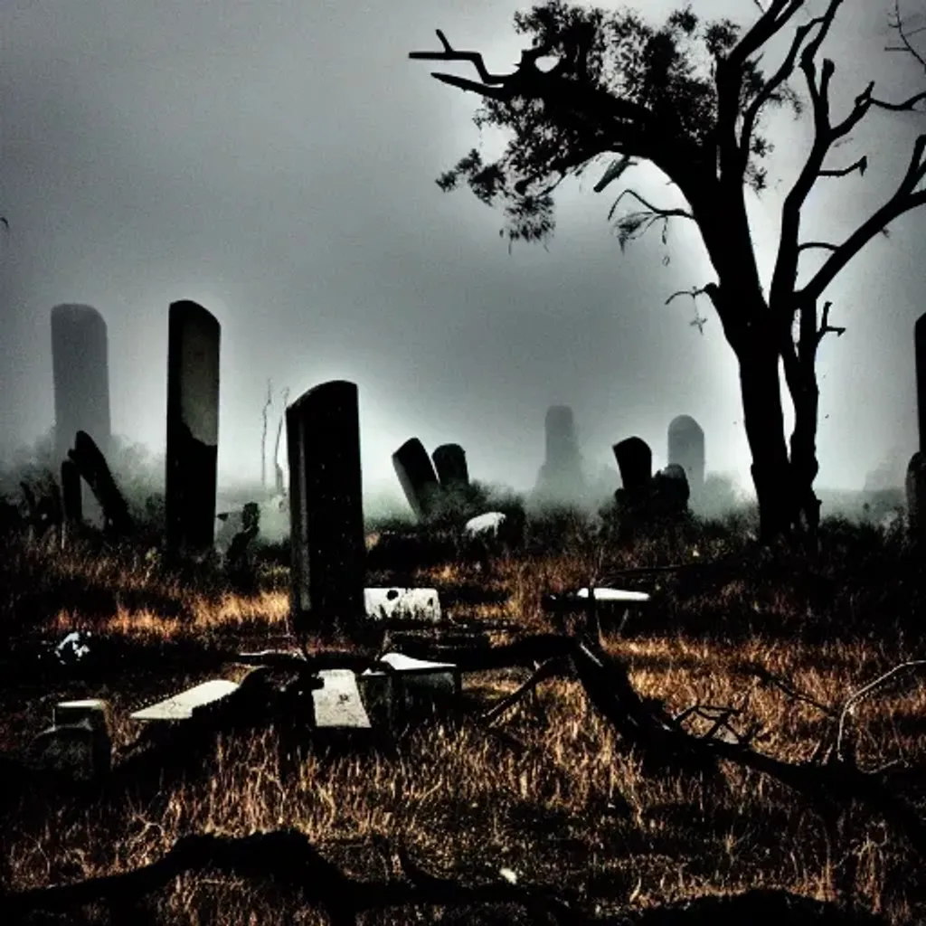 Prompt: crowded field of broken crumbling concrete tombstones, dead grass and trees, cloudy rainy sky, moody colors, liminal space, fog
