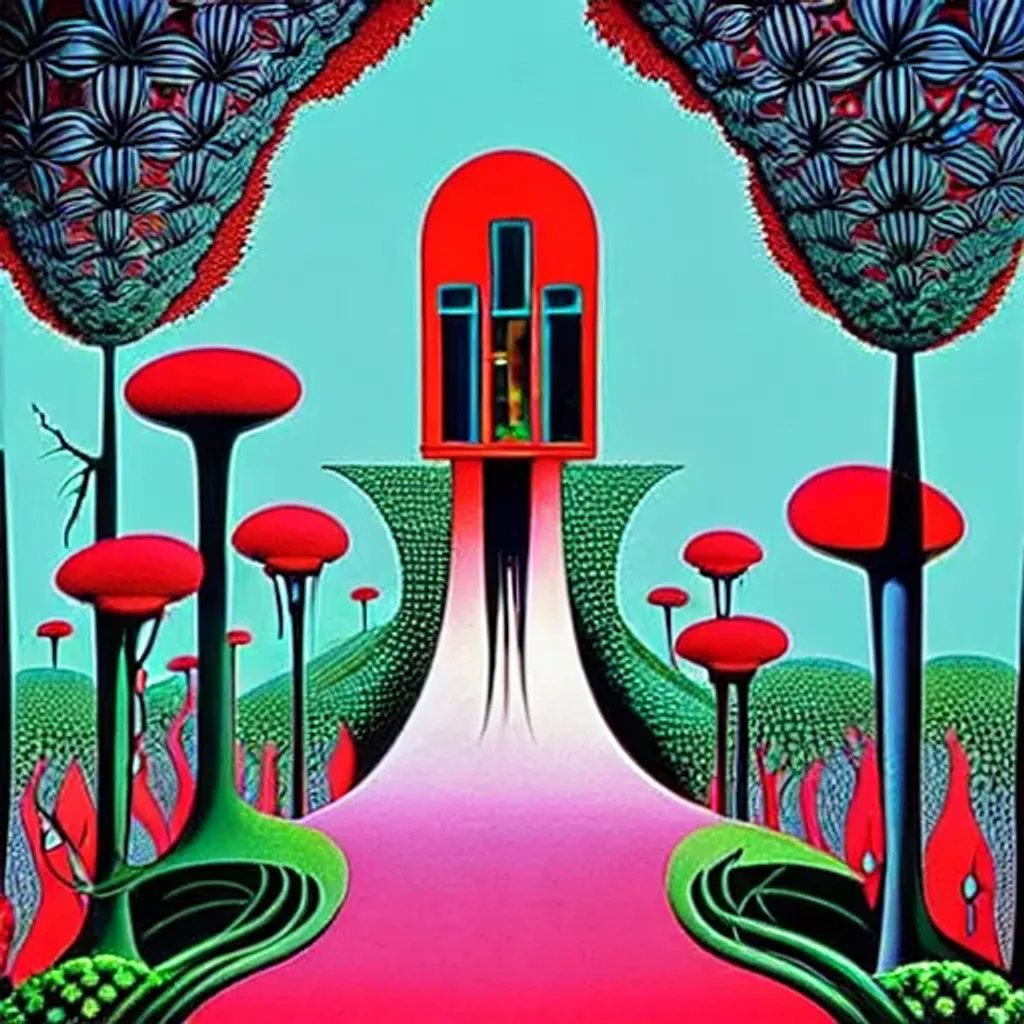 Prompt: House of the hopefulness, 
House of the loneliness, impressive surrealist painting by Tim Burton and Sho Murase and eyvind earle. Floral explosion. Rich fauna. Organic biopunk. Dystopian wasteland. Food advertisements.