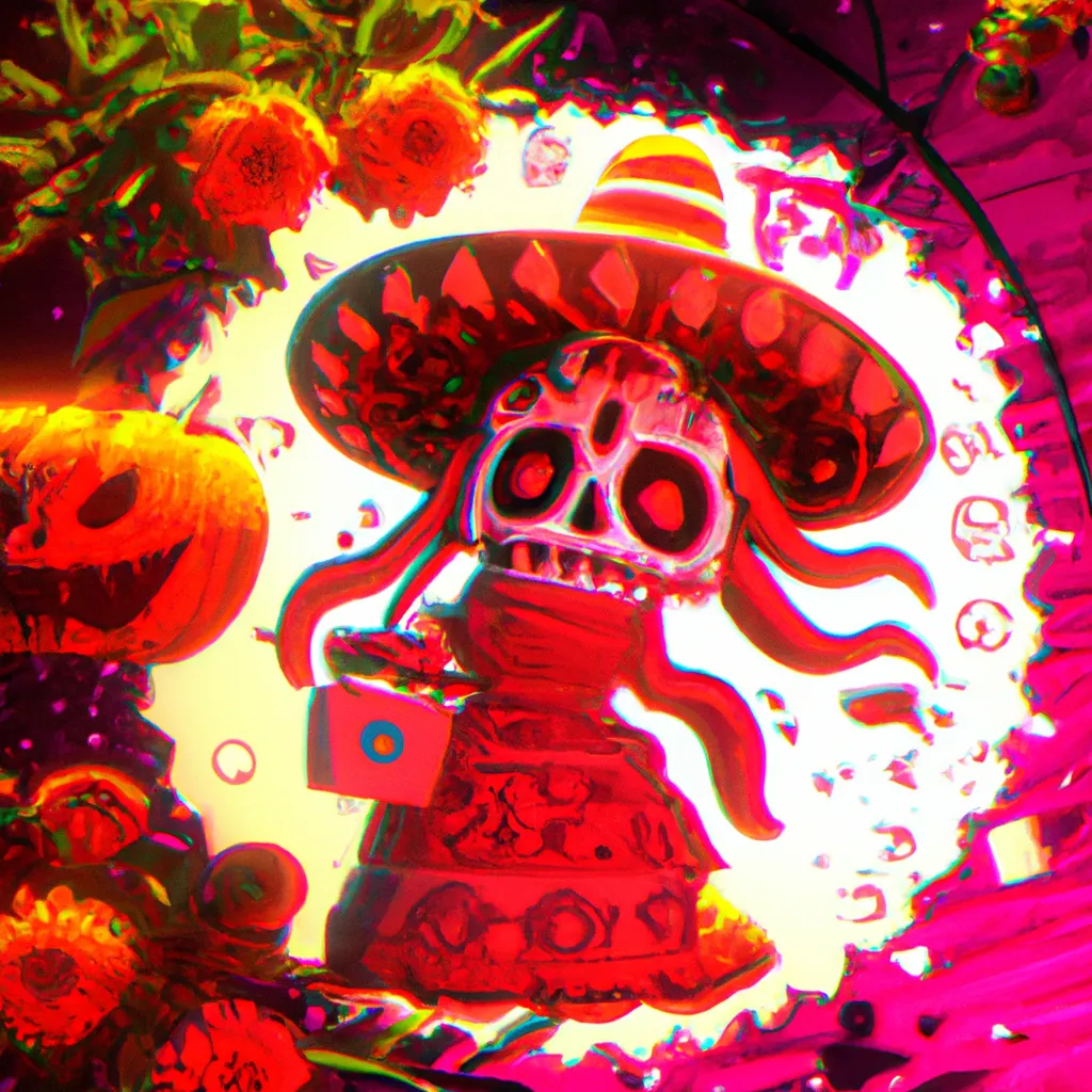 Prompt: a Ukiyo-e comic book styled vintage risograph of a lit Dia de Los muertos Jack-o'-lantern wearing a witch hat,red spider lilies bloomin,bubbles,eclipse,4K,moody,award winning, trending on art station,goofy funny spooky scary mysterious halloween horror vibe, intricate details,digital art,incredible design,emotive,unreal engine 5 render,octane render,dia de Los muertos 