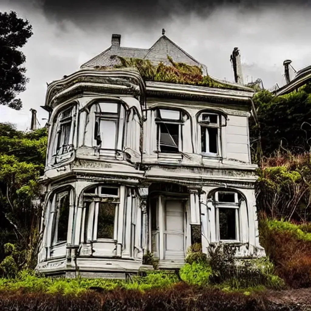 Prompt: Abandoned Edwardian homes in Wellington New Zealand, Photorealistic, hyper detailed, lush