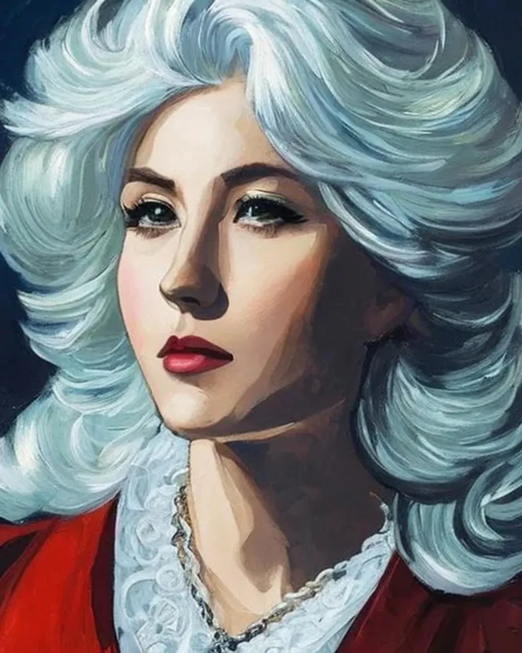 Prompt: white haired woman, ((baroque oil painting)), (((anime character concept))) art, trending on pixiv fanbox, (rule of thirds), (golden ratio), (detail acrylic palette knife), (((in the style of norman rockwell)))