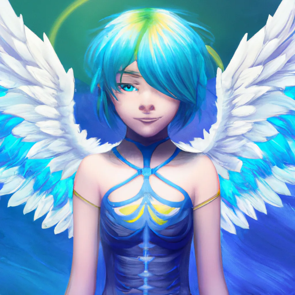 Prompt: a cute girl with short blue hair, big and bright multicolored eyes, angel wings on her back, intricate, detailed, anime style, digital illustration, 4k, fantasy, concept art