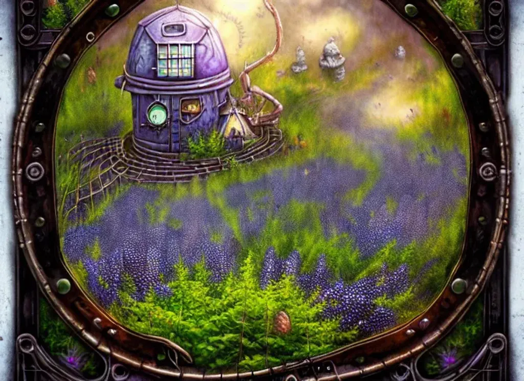 Prompt: Blueberry bushes with lots of blueberries, framing a magic portal to another fantasy world,  steampunk, highly detailed, digital airbrush, digital art, 8k, natural vhx