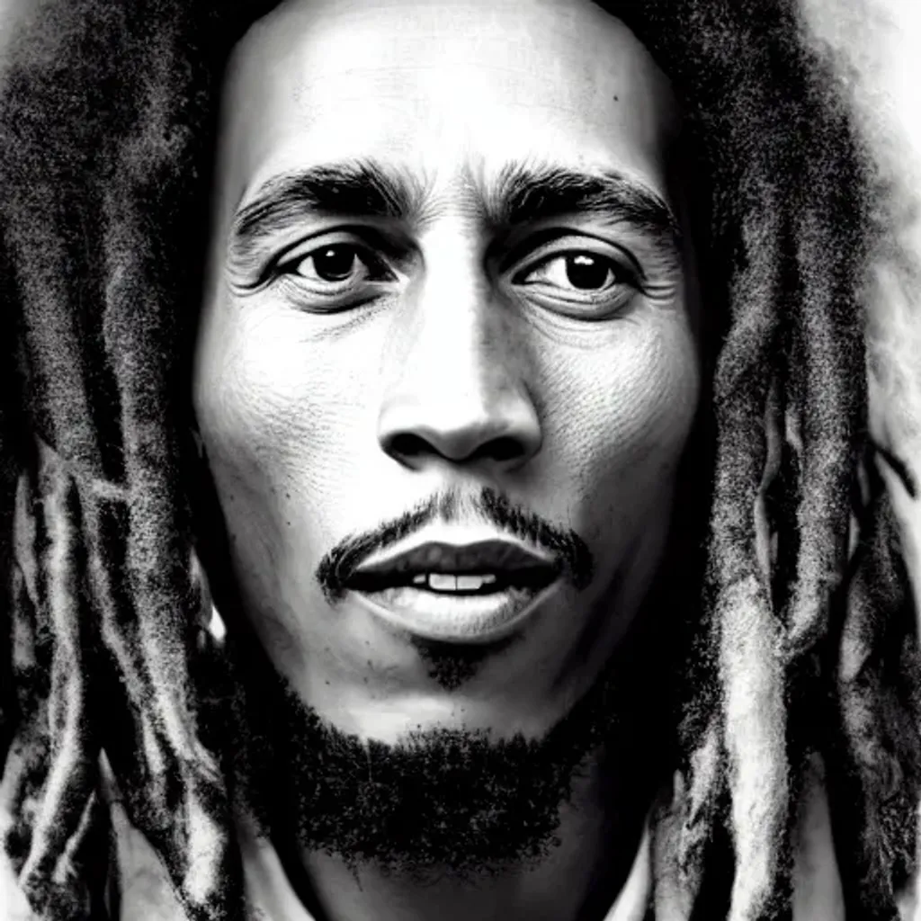 Prompt: photo realistic portrait of Bob Marley, centre shot, symmetrical face, natural lighting, 8k, ultra detailed, black and white, studio lighting, cinematic, beautiful, 85mm lens, low angle, 