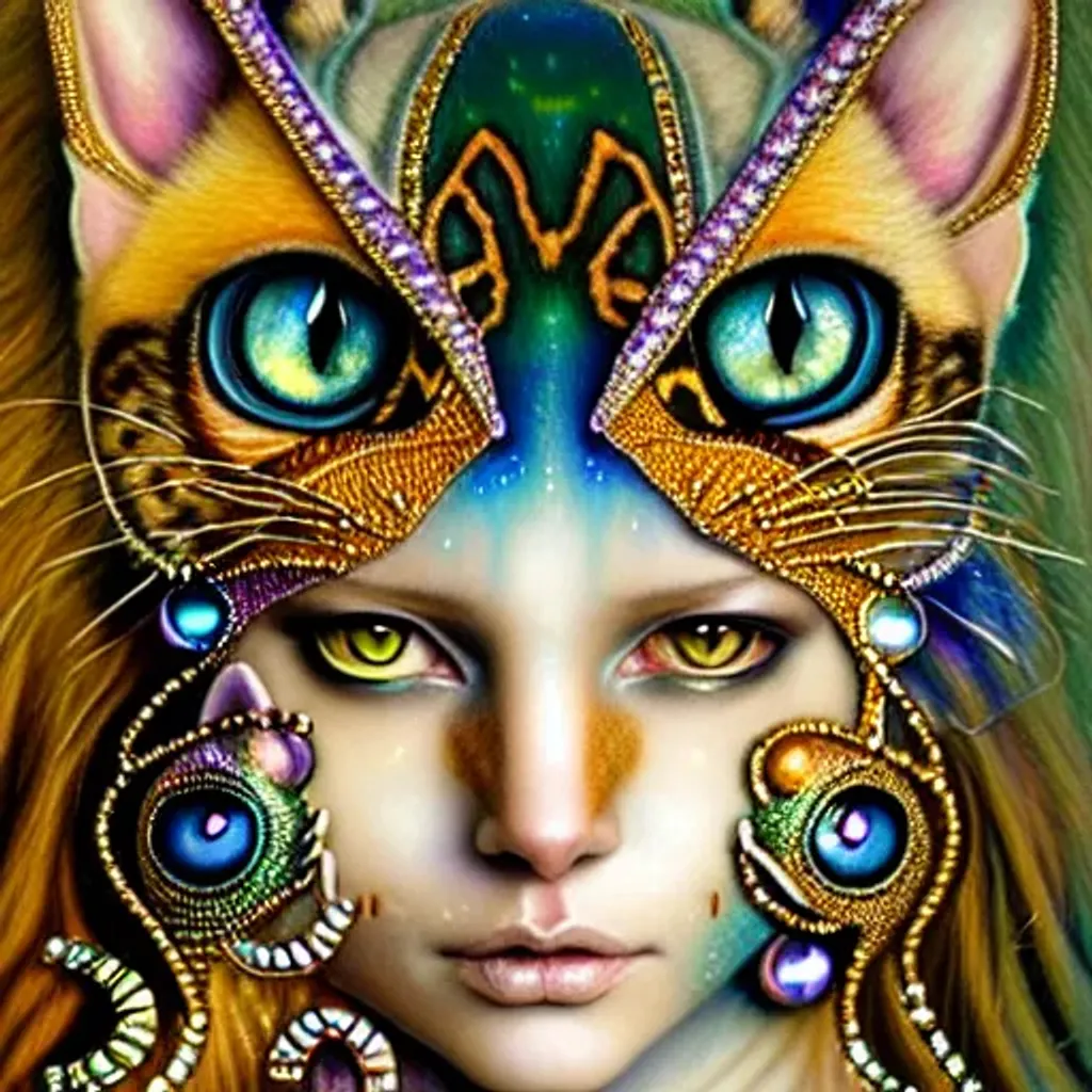 Prompt: Bejewelled aesthetic cat shapeshifter felinoid goddess!, humanoid, indigo cream mustard pine amber silver photorealistic eyes! iridescent jewellery,  by Donato Giancola and Anna Liwanag, fursona, furaffinity, background theme alien planet with a crystal moon by Howard David Johnson, detailed illustration, acrylic on paper, intricate, hypermaximilist elegant, ornate, hyper realistic, unreal engine 5 128K UHD Octane, pi, fractal fBm $text, watermark, copyright, frame, borders, cut off, out of frame$