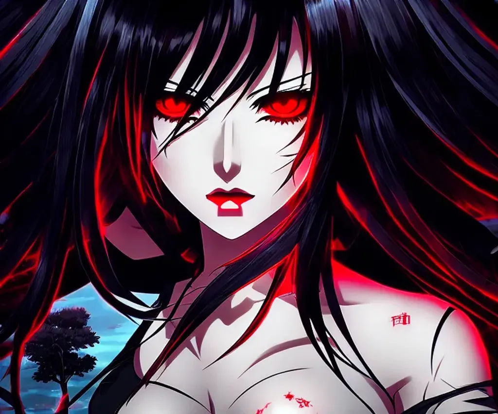 a woman with red glowing eyes and black hair, half b... | OpenArt