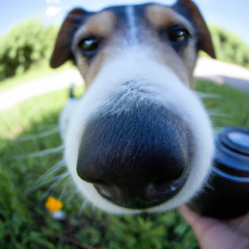 Dog sniffing a camera, fisheye lens, realistic OpenArt