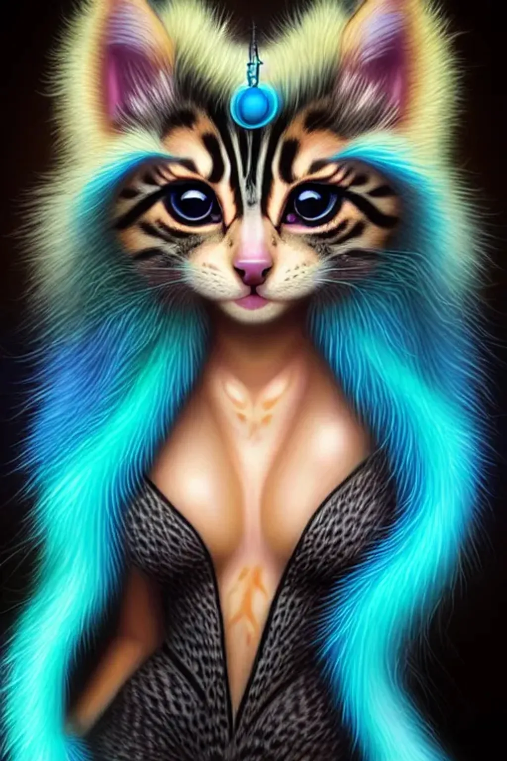 Prompt: Awesome kitten shapeshifter humanoid, fursona, blue, Turquoise cream eyes, very long luxurious hair, glowing headdress, sinusoidal striped fur, furaffinity, in the style of Mandy Jurgens, fantasy micro particles, starfires, background is a beautiful fractal mandala, in the style of Chie Yoshii, Mandelbrot, volumetric mist, detailed and intricate, elegant aesthetic, ornate, artefact, otherworldly, perfection, awesomeness, glee, volumetric lighting, coffee tangerine charcoal sky-blue, clear focus, clarity, cinematic, 128K UHD, Unreal Engine 5, pi, fractal, fBm