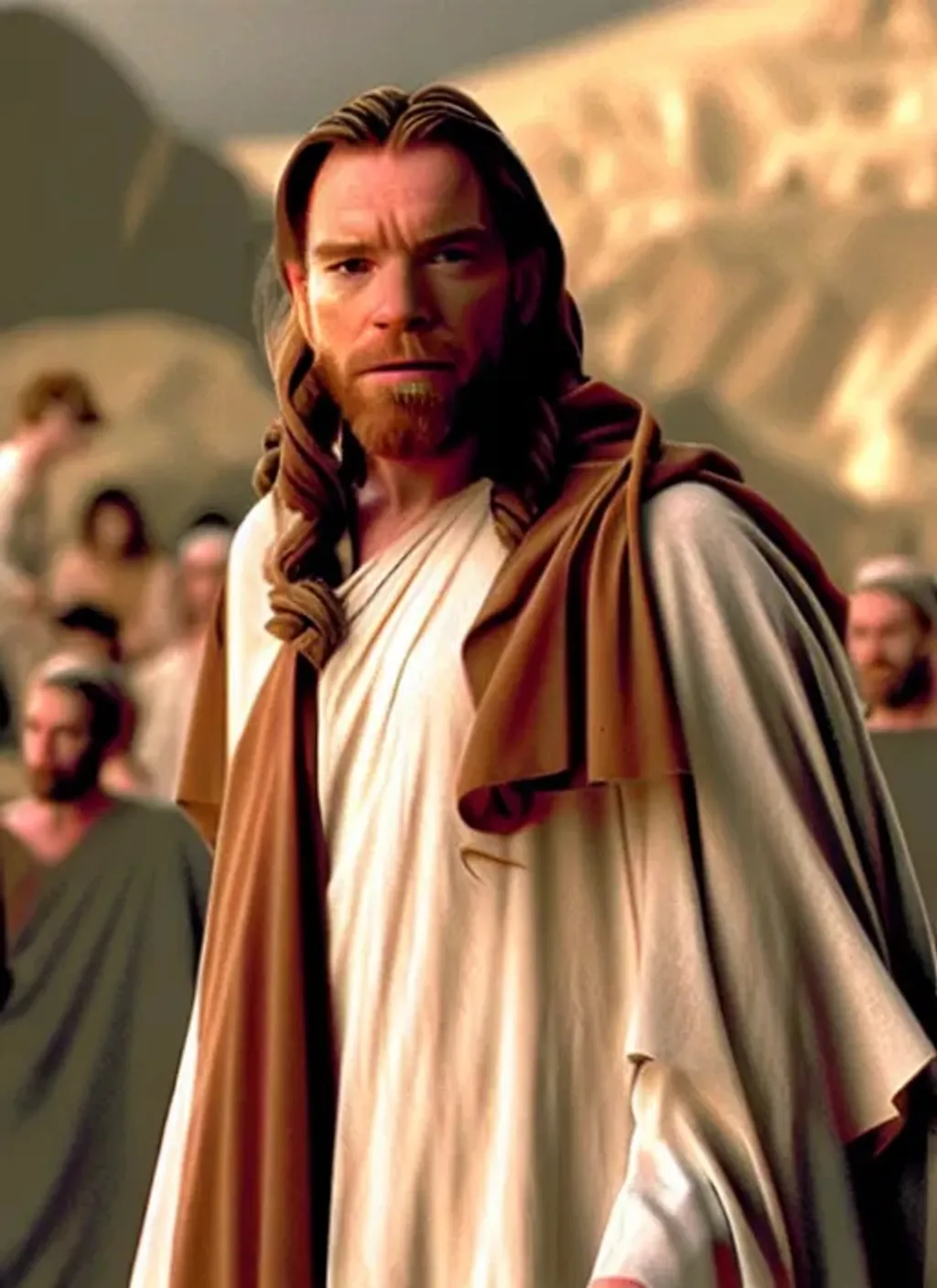 Prompt: A movie screenshot of Ewan McGregor as Jesus