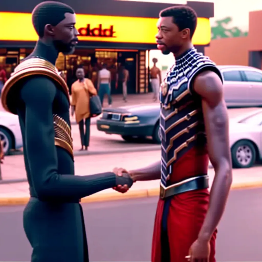 Prompt: King T’challa from Wakanda meets prince Akeem Joffer of Zamunda in front of a McDonalds restaurant, 80mm lens, over the shoulder point of view, photograph, film, video camera, realistic, highly detailed