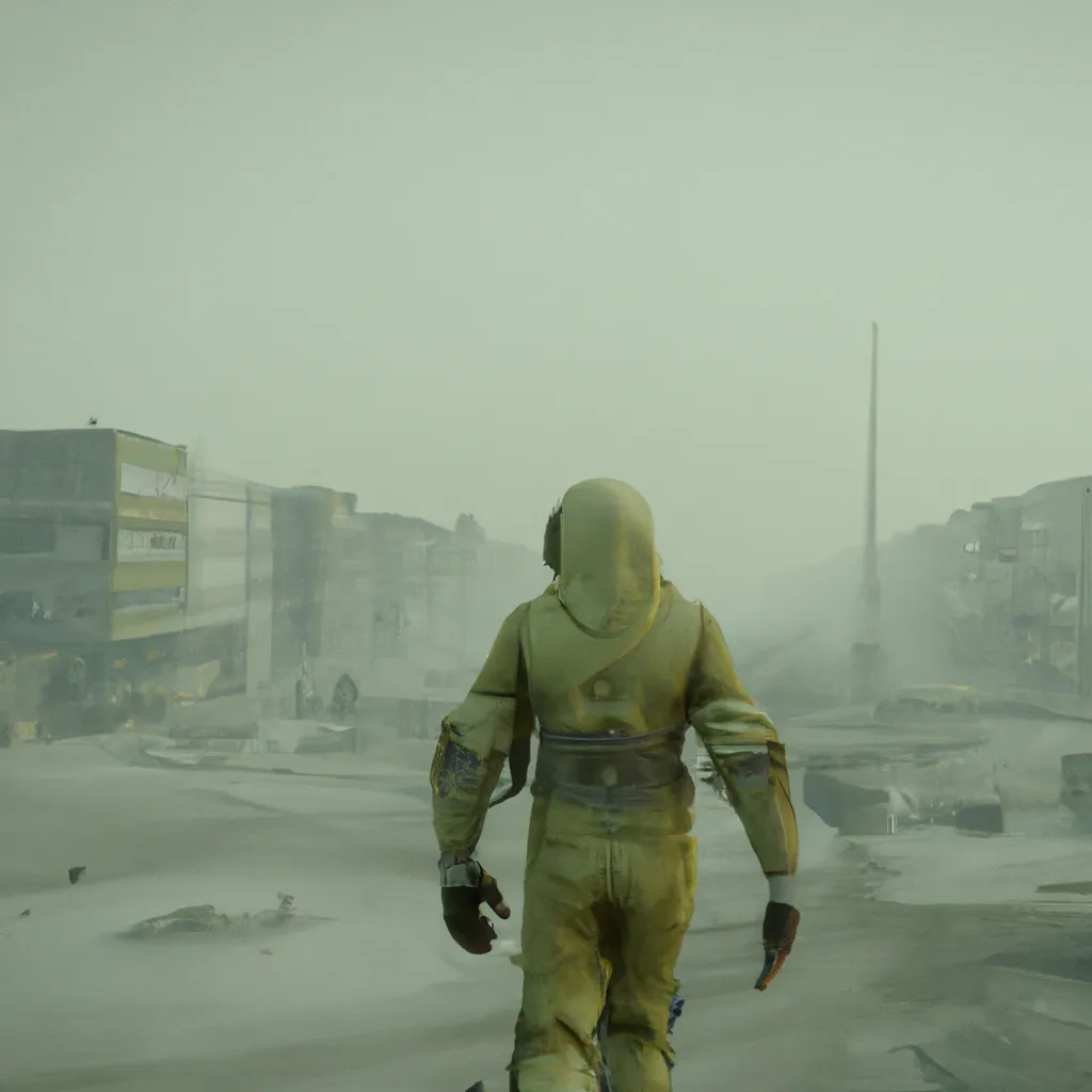 Prompt: Cinematic movie still of a man in a hazmat suit walking the ethereal plane of a Dystopian Wasteland with a town sinking in a crater filled with lime green ooze, erie, foggy, scary, digital art,4K, octane render,award winning,