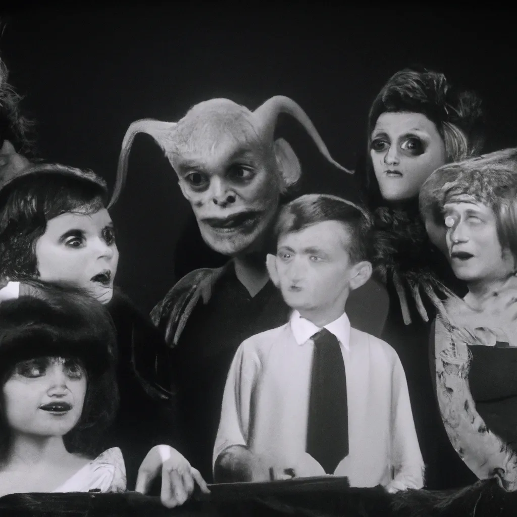 Prompt: a family photo of a family of spooky humanoid goth monsters on a 1960s sitcom, 35mm, 4k, panavision