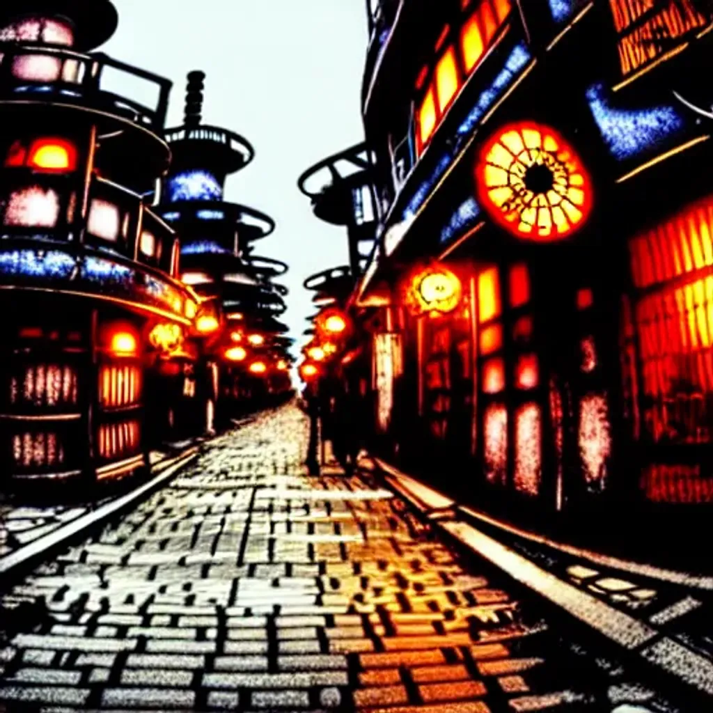 Prompt: Steampunk Japanese city with many factories and smokestacks, steampunk robots in the streets, Imperial Japan, cobblestone streets, gritty, broad light, wide angle, over the shoulder point of view, overcast, highly detailed, picturesque, romantic, vivid colors