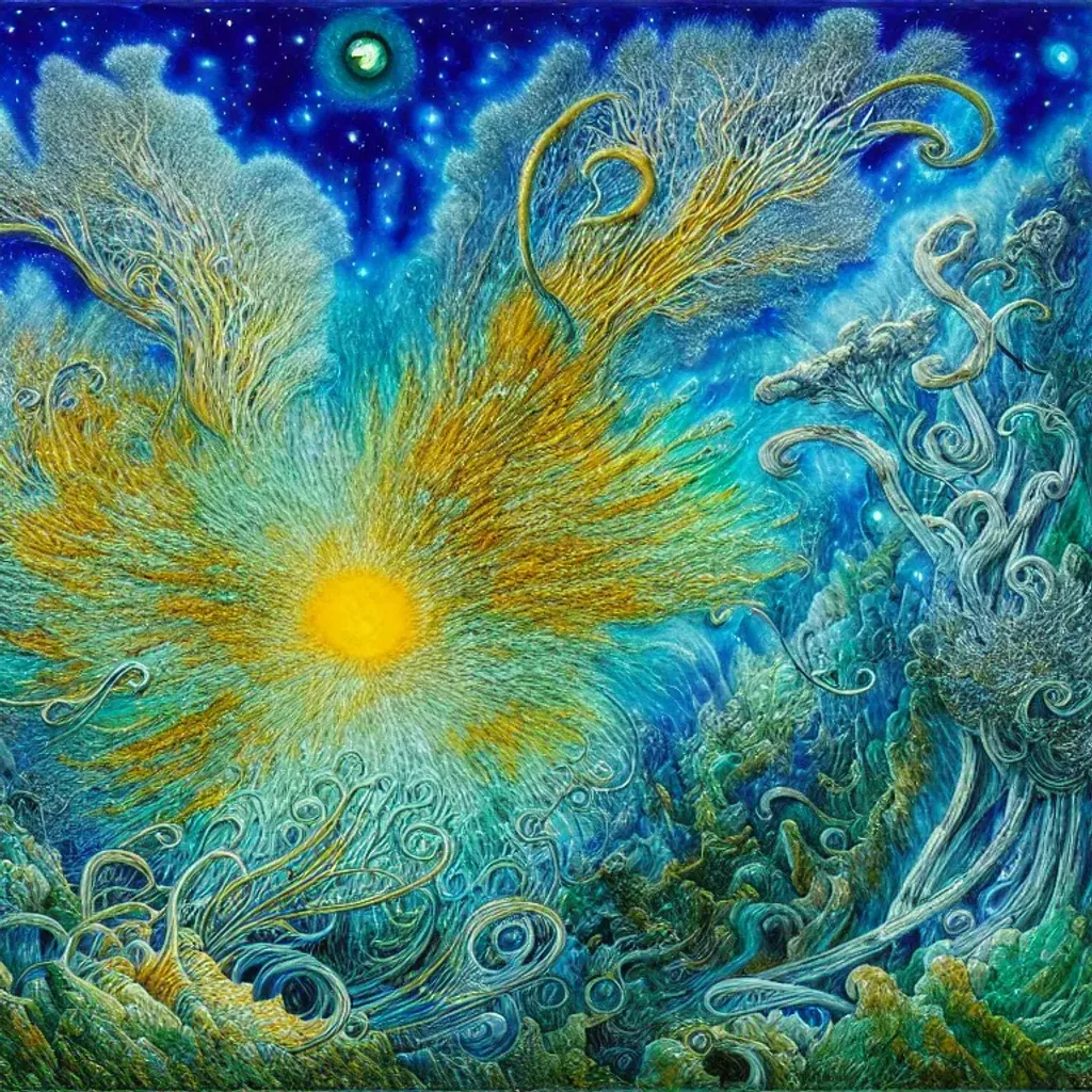 Prompt: 128K UHD an intersection in time of nature and technology, cream bone-white blood green Fulvous indigo, by Josephine Wall, Zdzislaw Beksinski, Victo Ngai, Sarah Khan, sharpie, watercolor, acrylic on paper, hyperreal, global illumination, volumetric lighting, occlusion, wide angle, wide focus, high resolution render, Unreal Engine 5, 128K UHD octane render, fBm, fractal, pi 