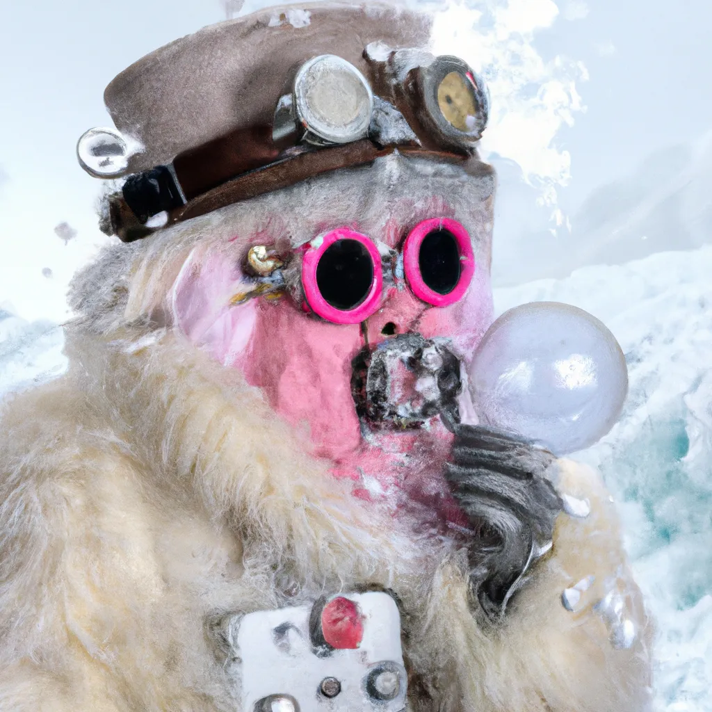 Prompt: Steampunk yeti is blowing a pink bubble gum in the snow 