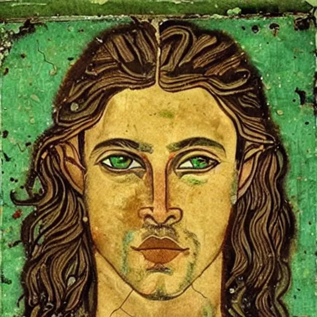 Prompt: ancient fresco, portrait of a fantasy elf man, long brown hair, green eyes, green clothes.