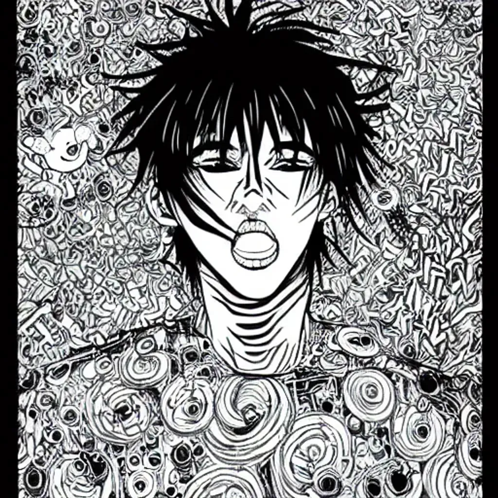 Prompt: manga painting of Playboi Carti, spirals, guro art, black and white, intricate, weird, art by Shintaro Kago