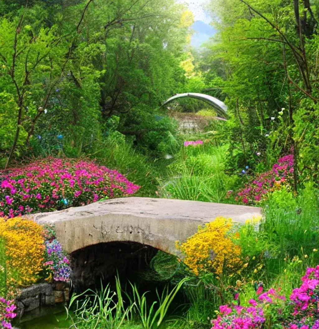 Prompt: A natural pathway surrounded with flowers that leads to heavan, which is over a bridge that crosses a gentle stream, on the other side of the bridge there are heavenly children playing