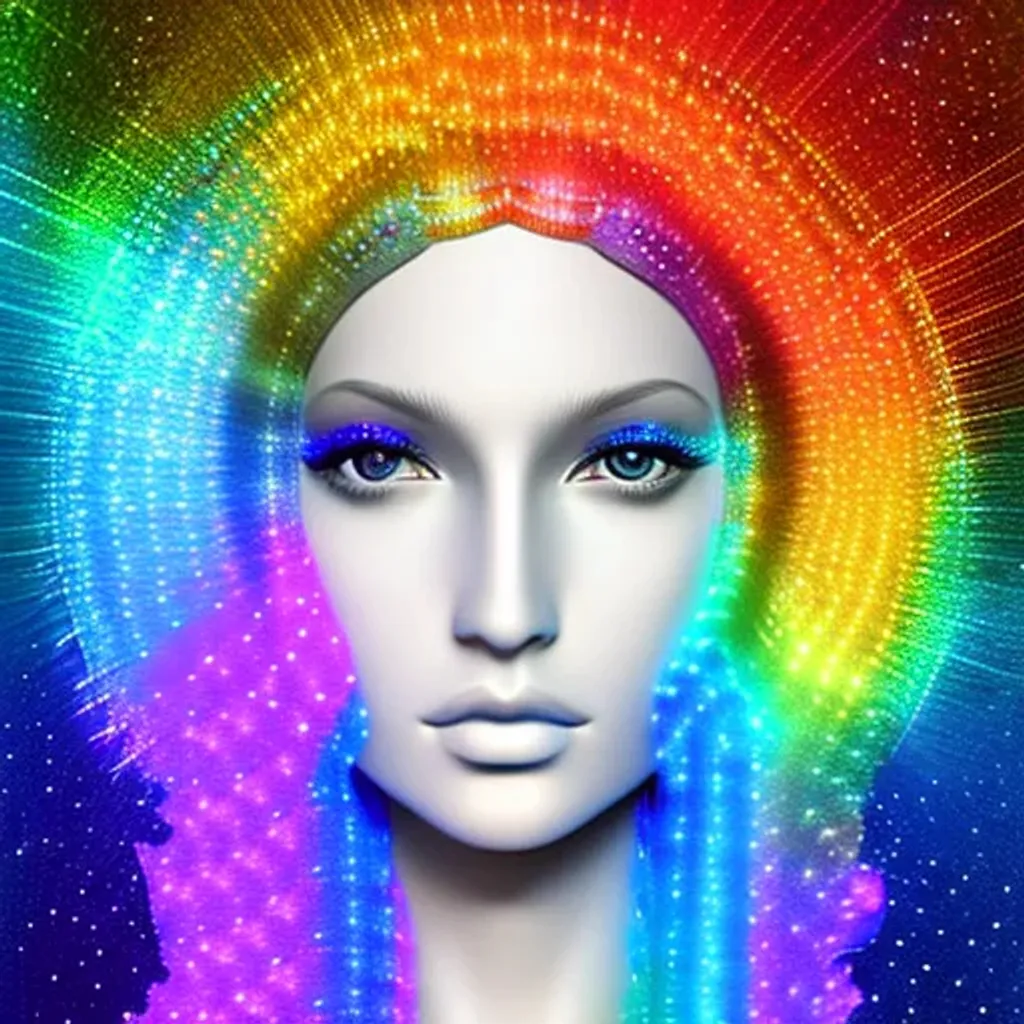 Prompt: young female teenager queen goddess, photorealistic magic rainbow love, 8k, attractive, elegant, beautiful, highly detailed, fractal silver mandelbrot gold makeup, trending on artstation, sharp focus, studio photo, intricate details, highly detailed
