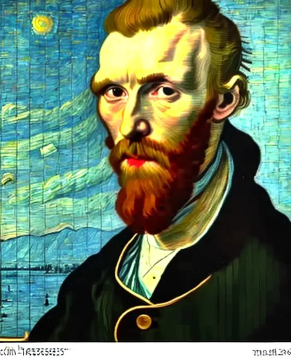 Prompt: Oil painting by Leonardo DaVinci Portrait of young Vincent Van Gogh, Portrait, Masterpiece, Single Face, Background City, art gem, award-winning CGI rendered in Maya, 8K