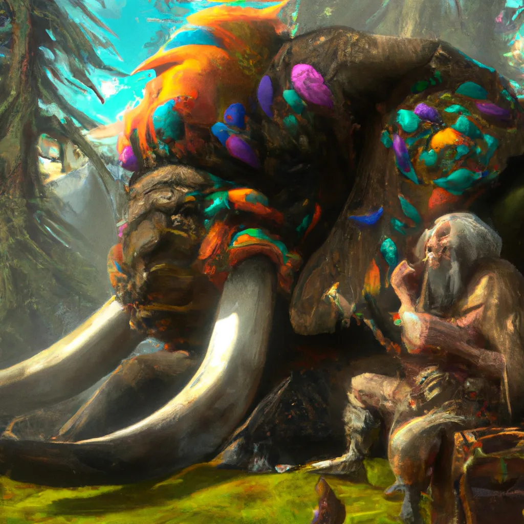 Prompt: A wooly mammoth sharing a blunt with a mushroom wizard and dmt elf. Wlop octane render artstation trending 8k Oil painting