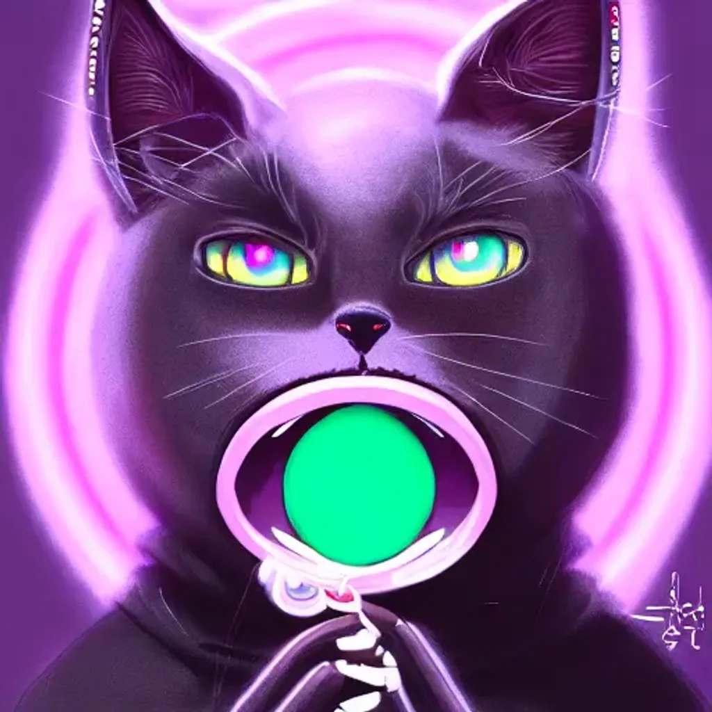 Prompt: Anime character, a black cat with green eyes wearing a hoodie and popping a pink bubble gum, Synthwave, a character portrait by Andrei Kolkoutine, Artstation, sots art, 2d game art, quantum wavetracing, dark and mysterious By Laurie Lipton, Zdzislaw Beksinski