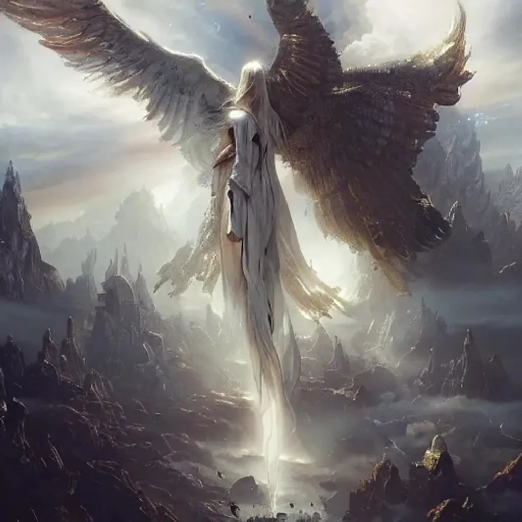 Prompt: The gate to the eternal kingdom of futuristic Heaven, seraphim in the clouds, holy rays, highly detailed, fantasy, digital art, HD, detailed, illustrated by Greg Rutkowski and Gaston Bussiere, 35mm lens, beautiful macro close-up imagery, moody lighting, beautiful volumetric-lighting-style atmosphere