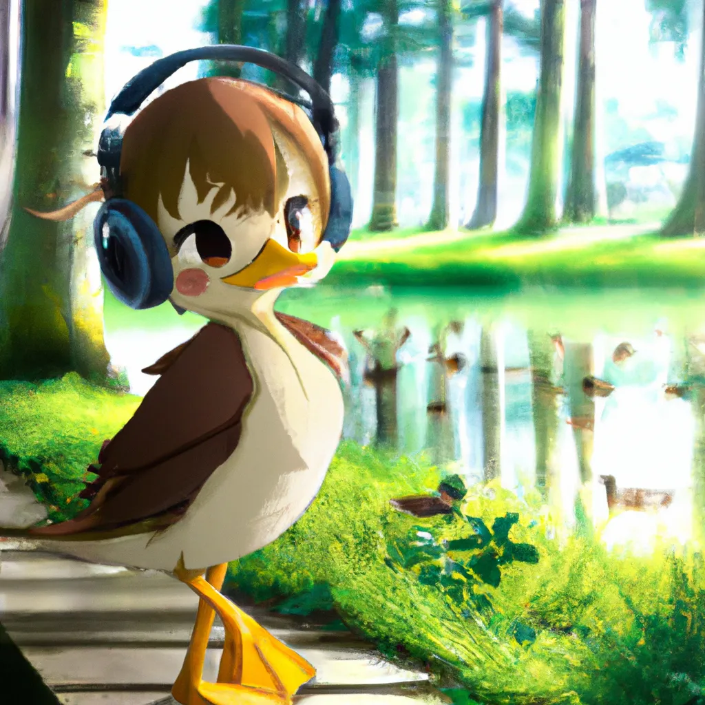 Prompt: a key anime visual of a cute adorable duckling listening to music, happy, digital Art, forest background, perfect composition, beautiful, trending on pixiv, 8 k concept art, cinematic, soft lighting, anime visual, official media, spy x family, call-shaded. detailed, detailed face, a still from Bambi, animated poster