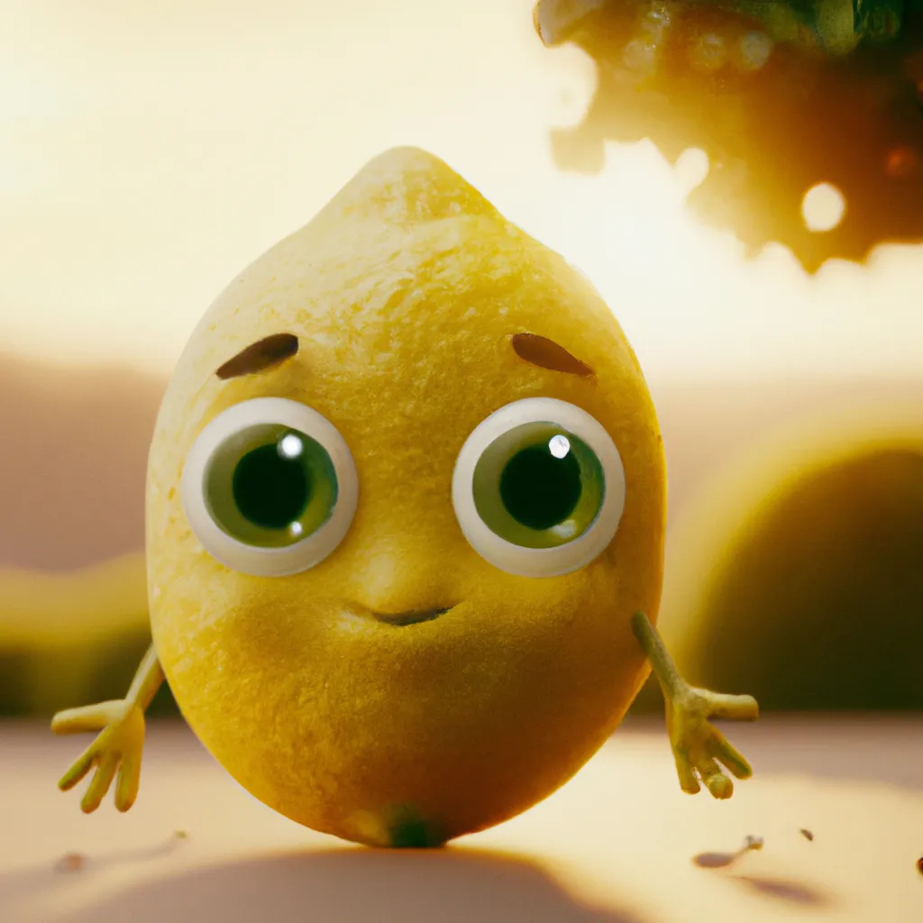 Prompt: Lemon character, adorably cute large eyes, shyly smiling, contrasting golden hour background, ultra-detailed, haze, film photography, light leaks, Larry Bud Melman, trending on artstation, sharp focus, studio photo, intricate details, highly detailed, by Greg Rutkowski