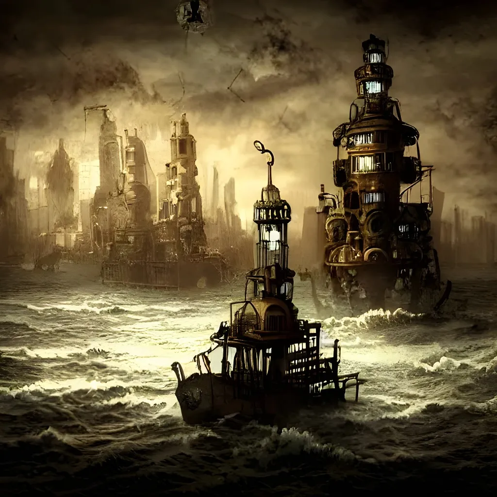 Prompt: steampunk city  in the sea, grim and ghastly atmosphere, macabre art, digital art, video game art