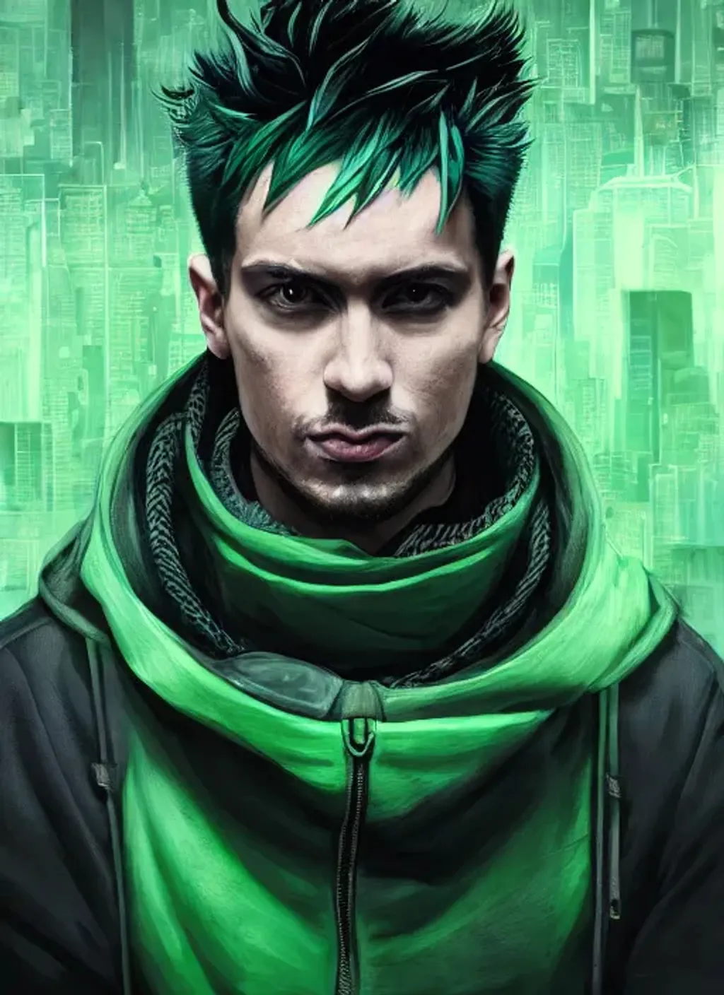 Prompt: Portrait of {a male hacker} with {green and black} hair and with scarred face, {city background}, perfect composition, hyperrealistic, super detailed, 8k, high quality, trending art, trending on artstation, sharp focus, studio photo, intricate details, highly detailed, by greg rutkowski